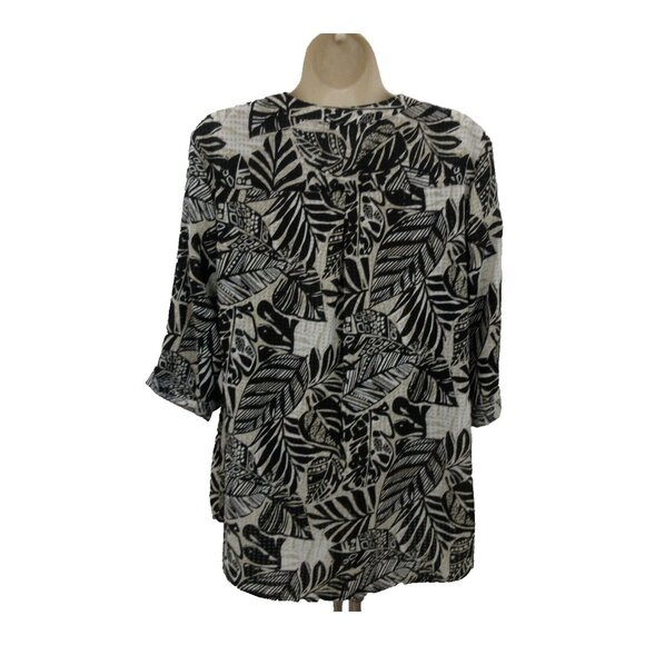 Notations Blouse Size Medium Black Leaf Button Front V-Neck 3/4 Roll Tab Sleeves - Picture 2 of 7